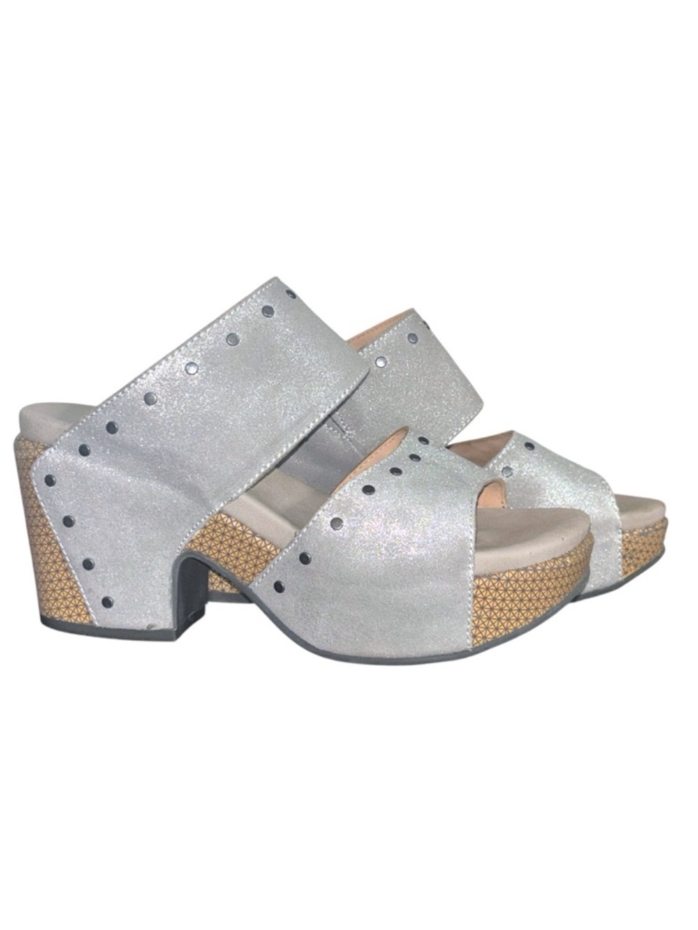 Naked Feet Beslow Leather Platform Slide Sandal Chunky Heel Silver 8